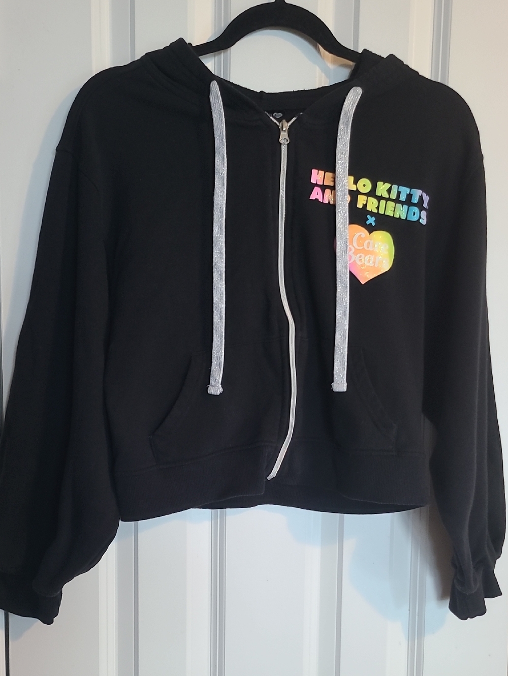 Hello Kitty Black Zip Hoodie with Rainbow Chest Print